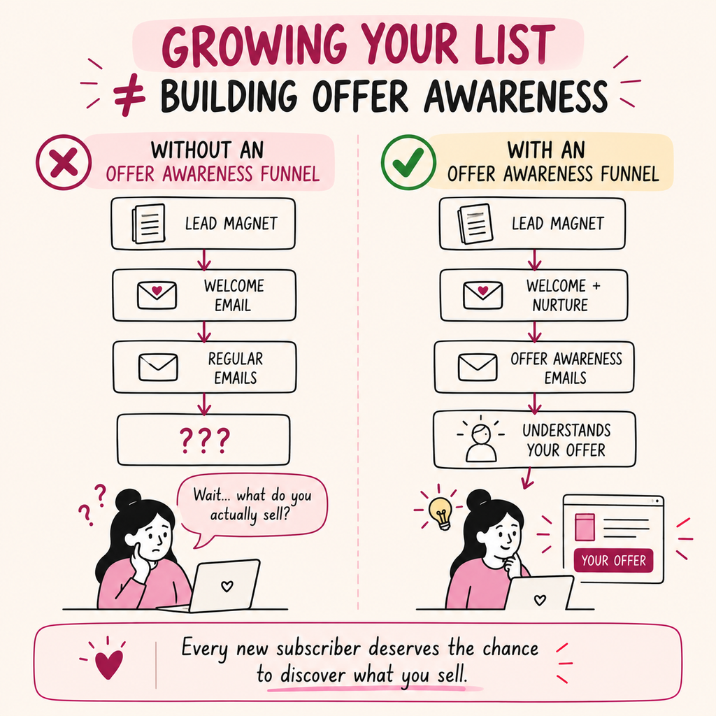 Growing Your email List Infographic that explains with and without offer awarness sequence