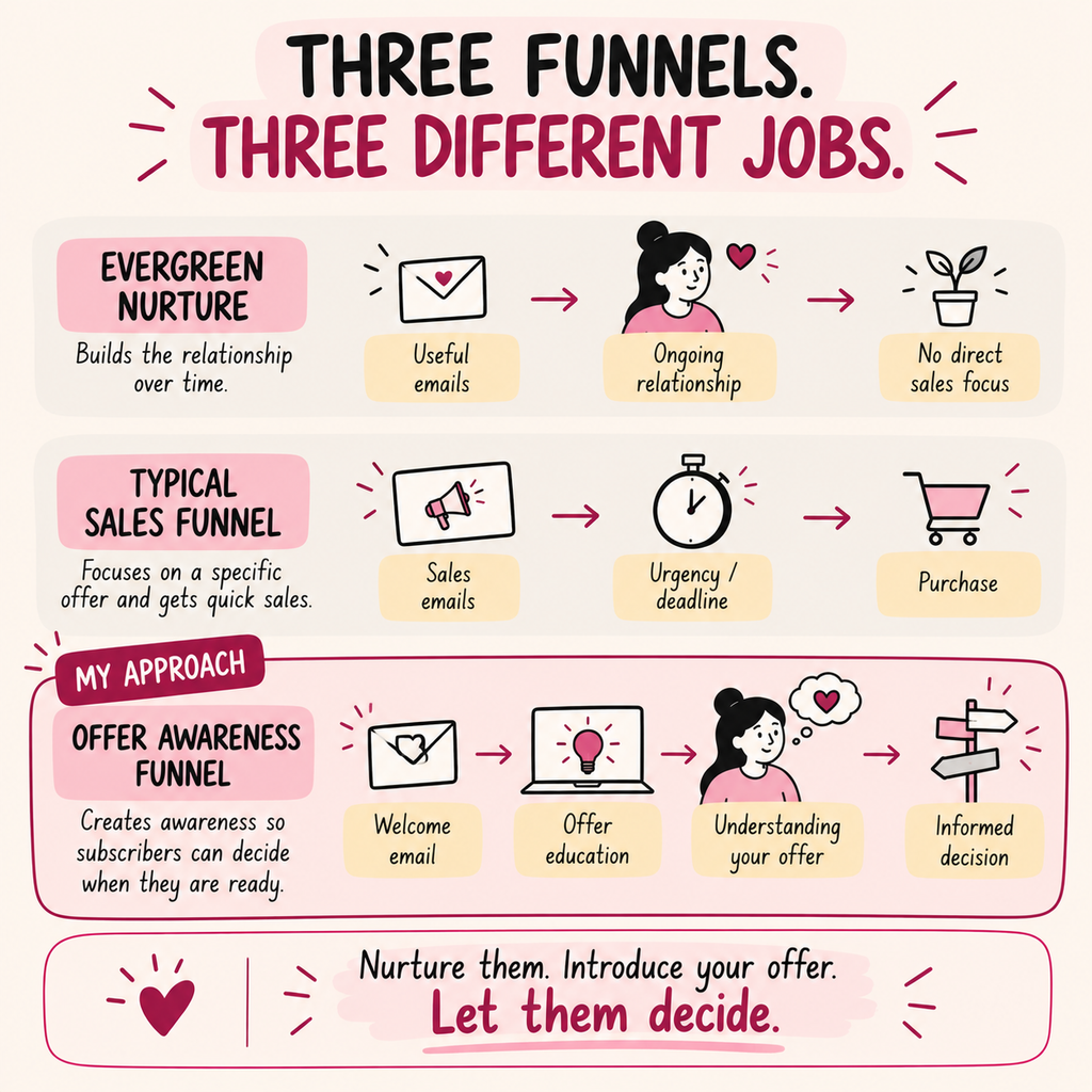 Three funnel infographic incouding an evergreen email funnel
